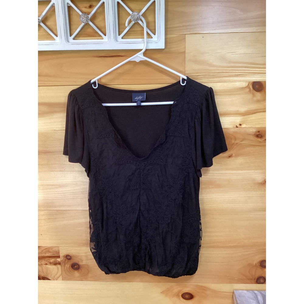 Daytrip Womens Black Lace Front V-Neck Bubble Hem Blouse Top XS Whimsical‎